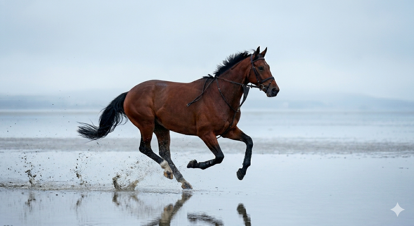 A tall dark brown horse standing in golden light
